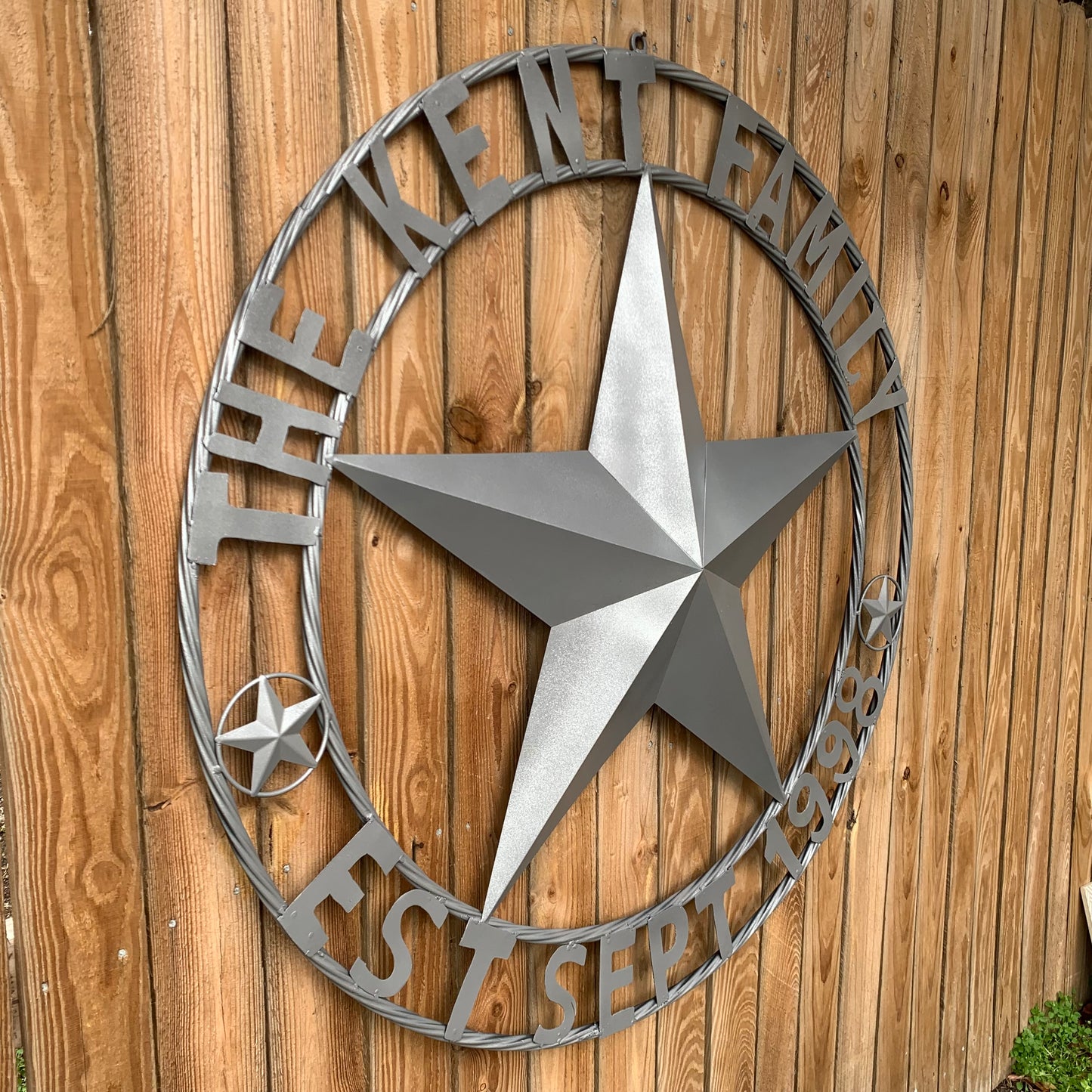 KENT STYLE CUSTOM STAR NAME BARN METAL STAR 3d TWISTED ROPE RING WESTERN HOME DECOR RUSTIC GREY SILVER HANDMADE 24",32",36",50"