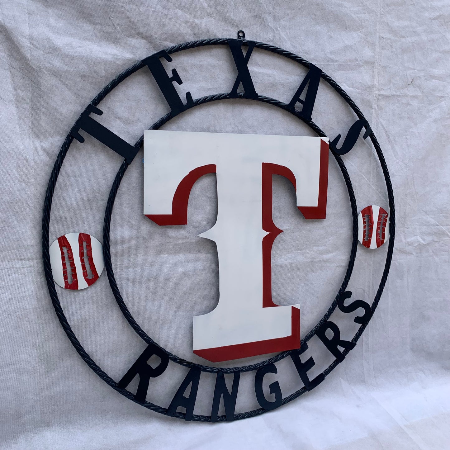 TEXAS RANGERS CUSTOM METAL VINTAGE CRAFT TEAM SIGN WHITE & RED & NAVY BLUE RING HANDMADE