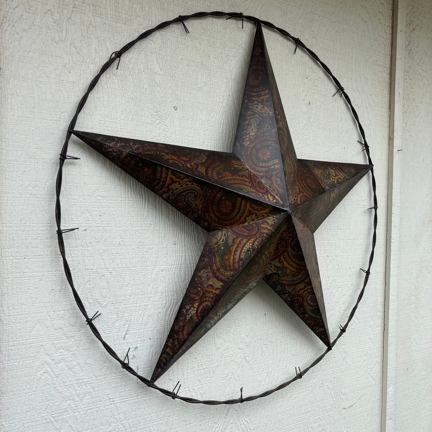 PAISLEY BARN STAR MULTI CLOR WITH BARBWIRE RING LONESTAR WESTERN HOME DECOR HANDMADE