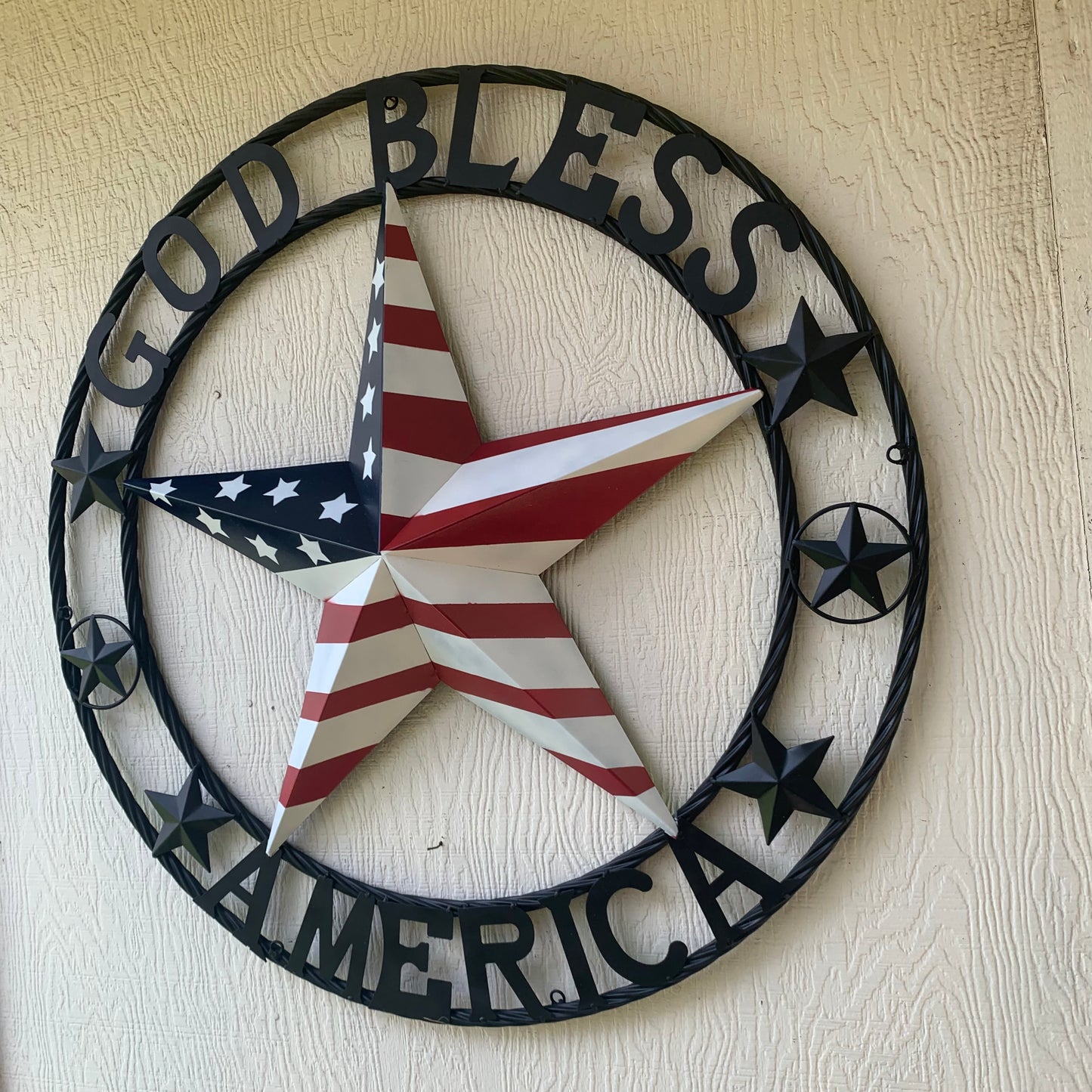 GOD BLESS AMERICA USA FLAG 3d STAR METAL BARN STAR BLACK TWISTED ROPE RING WALL ART WESTERN HOME DECOR RED WHITE & BLUE HANDMADE NEW #EH10490