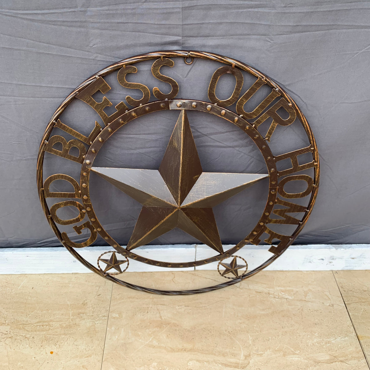 24" GOD BLESS OUR HOME BEADED STAR COLIBROX METAL TWISTED ROPE RING LONE STAR WALL ART WESTERN HOME DECOR RUSTIC DARK BRONZE COPPER HANDMADE NEW