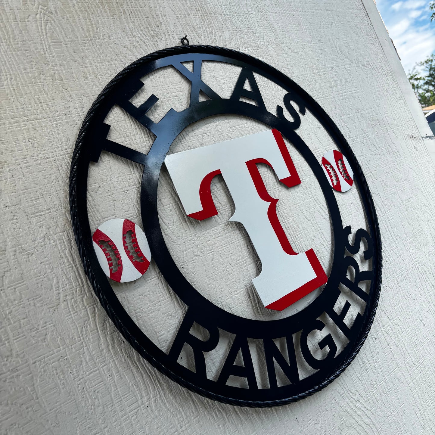 TEXAS RANGERS CUSTOM METAL VINTAGE CRAFT TEAM SIGN WHITE & RED & NAVY BLUE RING HANDMADE