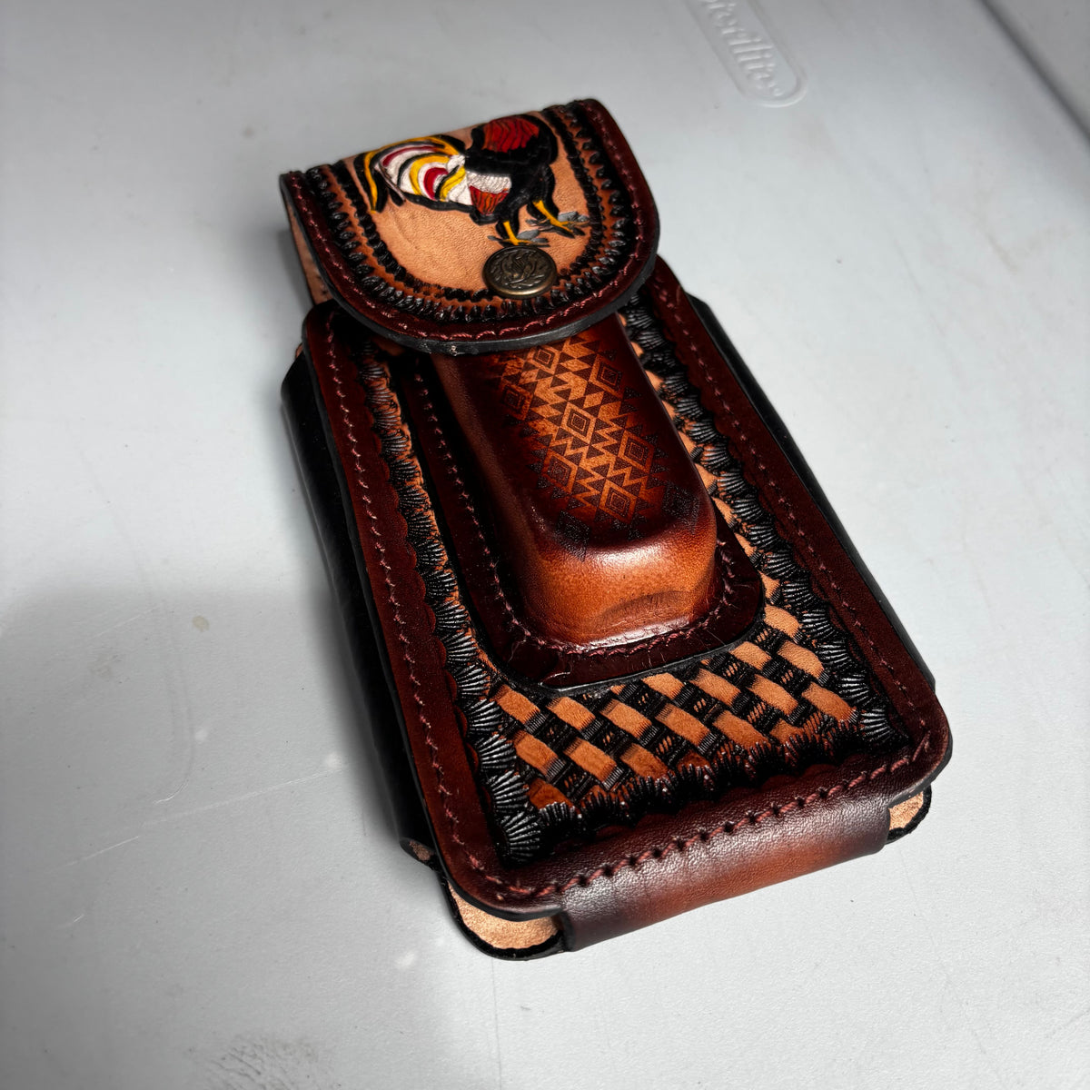 ROOSTER LEATHER HOLSTER 7" PHONE POUCH WITH KNIFE HOLDER FRONT EXTRA LARGE  BELT LOOP CELL PHONE CASE UNIVERSAL OVERSIZE MADE IN MEXICO #EH13860