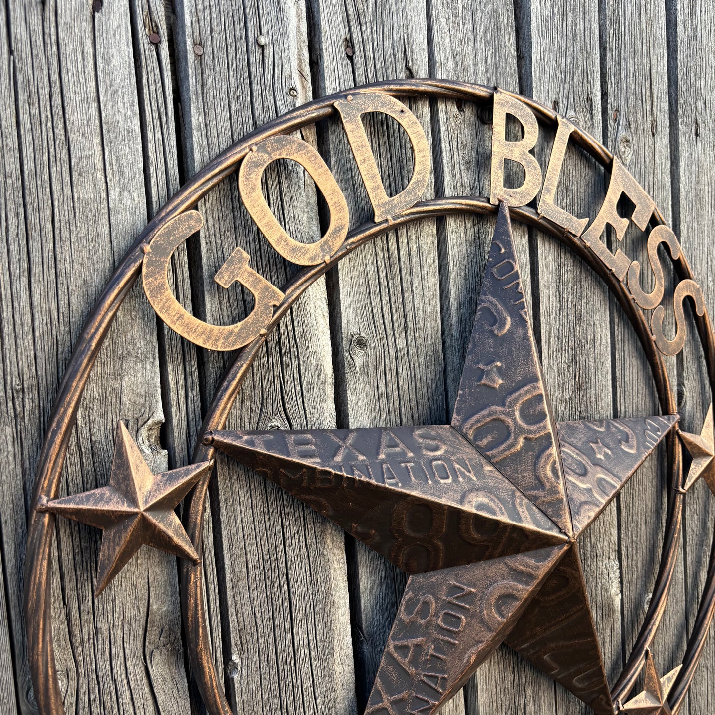 GOD BLESS TEXAS LICENSE PLATE EMBOSSED STAR BARN STAR METAL LONE STAR WESTERN HOME DECOR HANDMADE