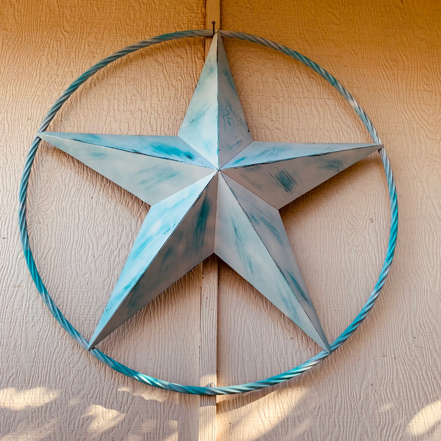 #EH11219 TURQUOISE WHITE DISTRESSED STAR TWO TONE TEXTURE BARN STAR METAL LONESTAR TWISTED ROPE RING WESTERN HOME DECOR HANDMADE NEW