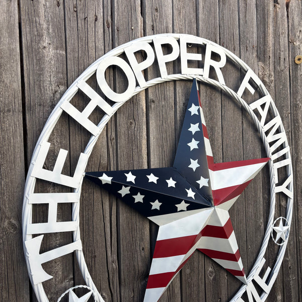 HOPPER STYLE YOUR CUSTOM NAME STAR METAL BARN 3d RED WHITE BLUE USA FLAG WITH WHITE TWIST ROPE RING WESTERN HOME DECOR HANDMADE, 24",36",40"