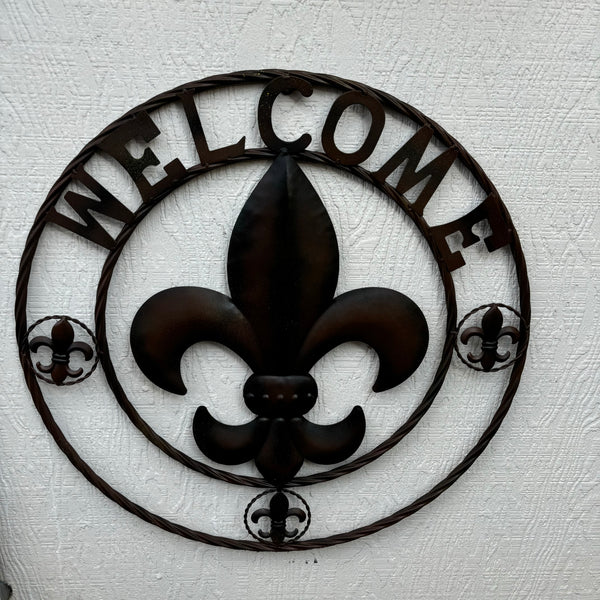 24" WELCOME FLEUR DE LIS METAL WALL ART WESTERN HOME DECOR BROWN NEW #EH11997