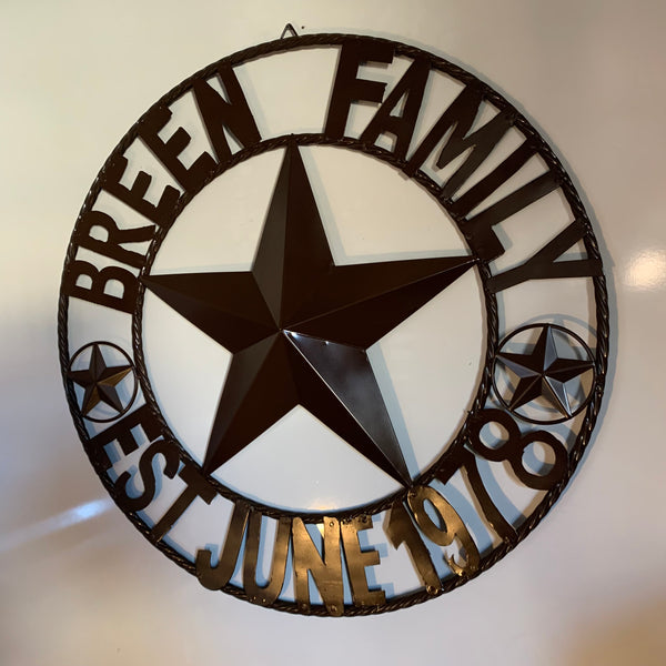 BREEN FAMILY STYLE CUSTOM NAME STAR BARN METAL STAR 3d TWISTED ROPE RING WESTERN HOME DECOR RUSTIC BROWN HANDMADE 24",32",36",50"