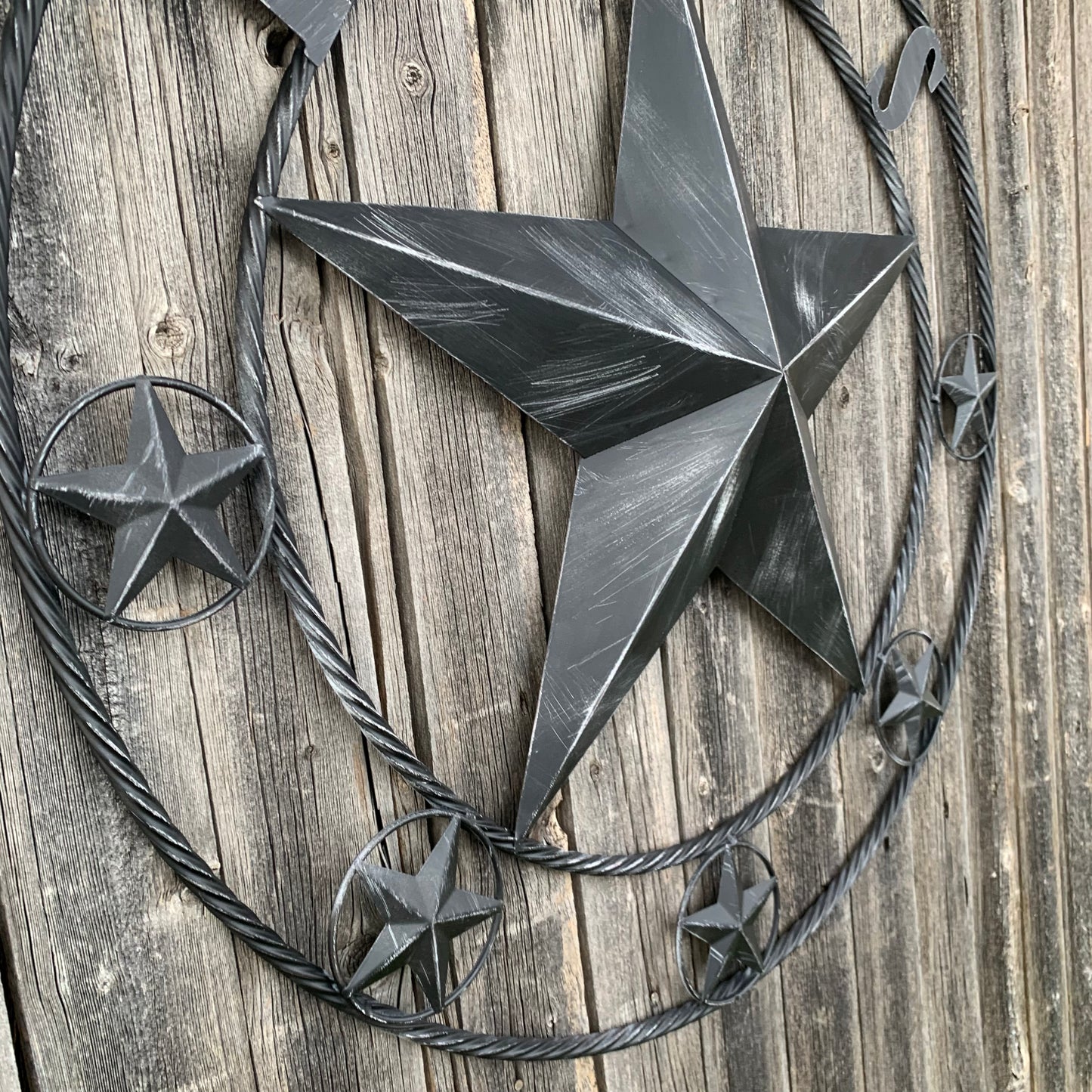 TEXAS BLACK DISTRESSED STAR TWO TONE TEXTURE BARN STAR METAL LONESTAR TWISTED ROPE RING WESTERN HOME DECOR HANDMADE NEW