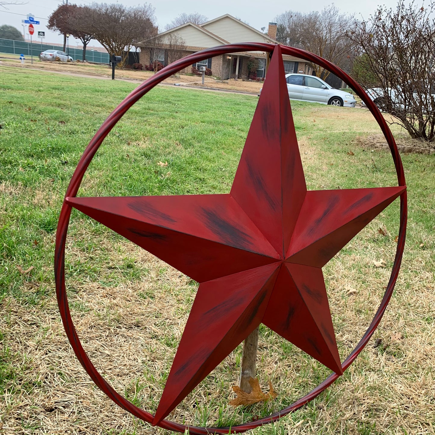 RED DISTRESSED STAR TWO TONE TEXTURE BARN STAR METAL LONESTAR TWISTED ROPE RING WESTERN HOME DECOR HANDMADE NEW #EH12958