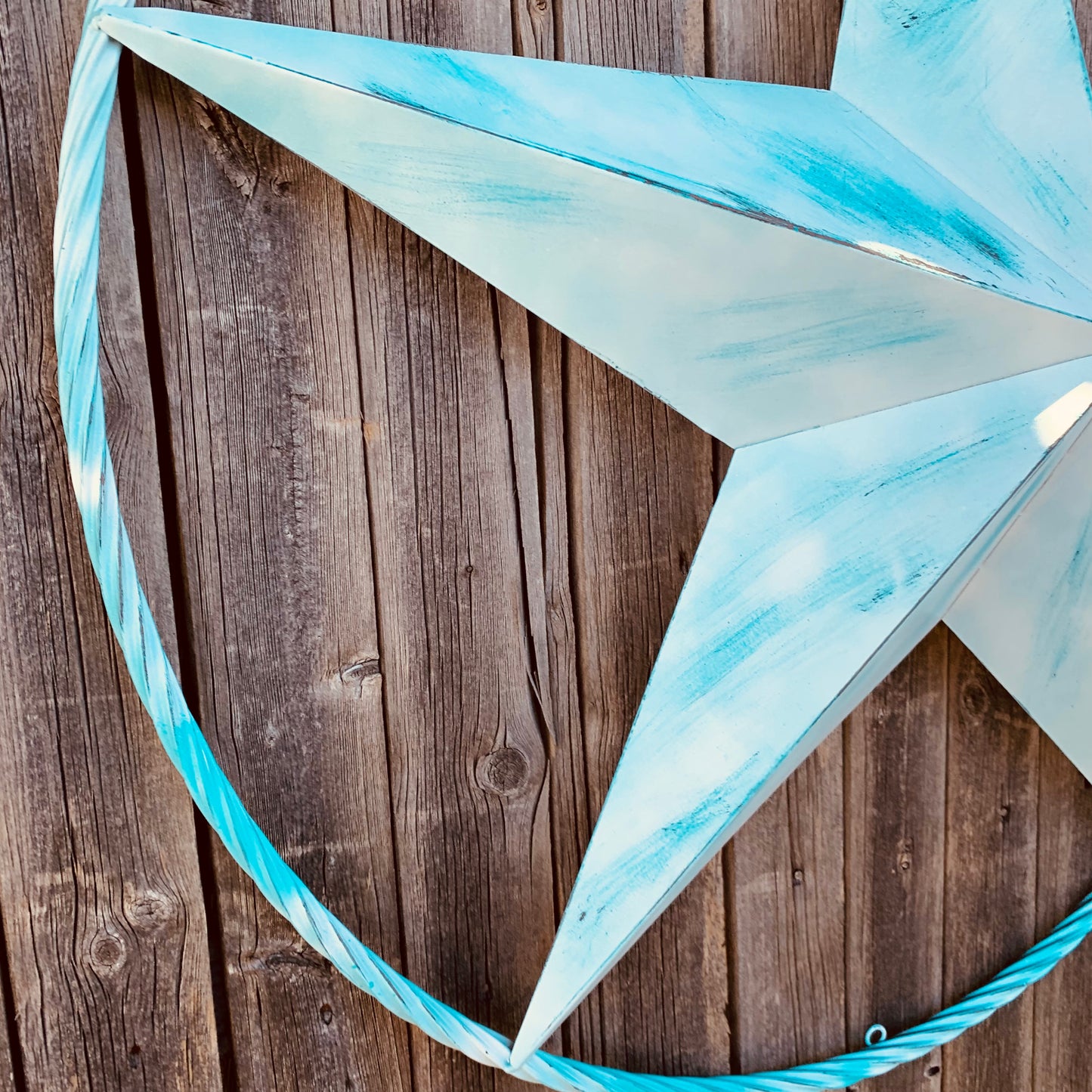#EH11219 TURQUOISE WHITE DISTRESSED STAR TWO TONE TEXTURE BARN STAR METAL LONESTAR TWISTED ROPE RING WESTERN HOME DECOR HANDMADE NEW