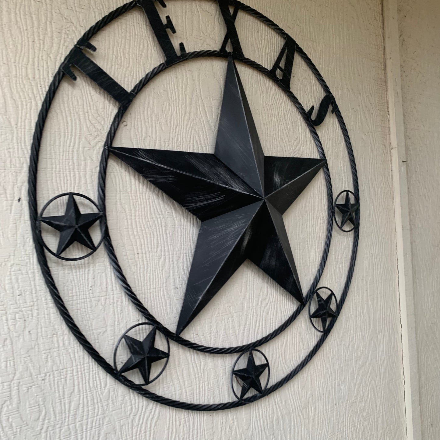 TEXAS BLACK DISTRESSED STAR TWO TONE TEXTURE BARN STAR METAL LONESTAR TWISTED ROPE RING WESTERN HOME DECOR HANDMADE NEW