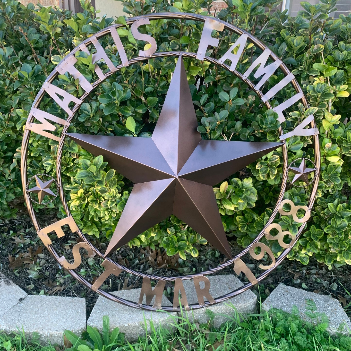 MATHIS STYLE CUSTOM NAME STAR BARN STAR 3d METAL LONESTAR TWISTED ROPE RING WESTERN HOME DECOR RUSTIC BRONZE COPPER HANDMADE 24",32",36",50"