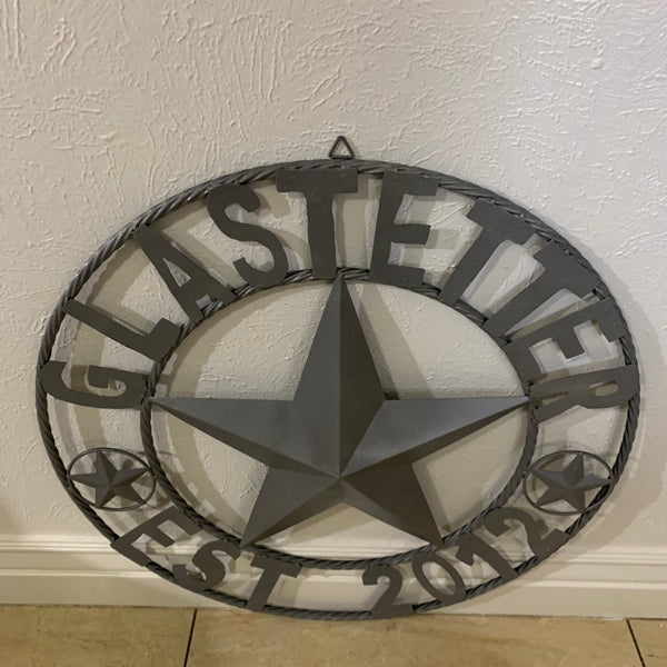 GLASTETTER STYLE YOUR CUSTOM NAME BARN STAR 3d METAL LONE STAR TWISTED ROPE RING WESTERN HOME DECOR RUSTIC GREY HANDMADE 24",32",36",50"