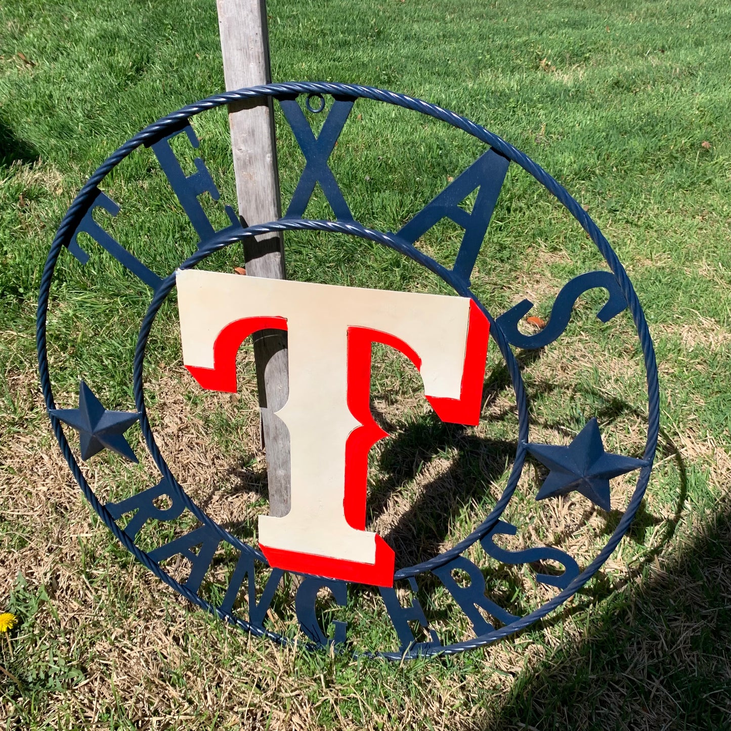 12", 18", 24", 32" TEXAS RANGERS BARN CUSTOM METAL VINTAGE CRAFT SIGN TEAM  WHITE & RED & NAVY BLUE RING & STAR HANDMADE