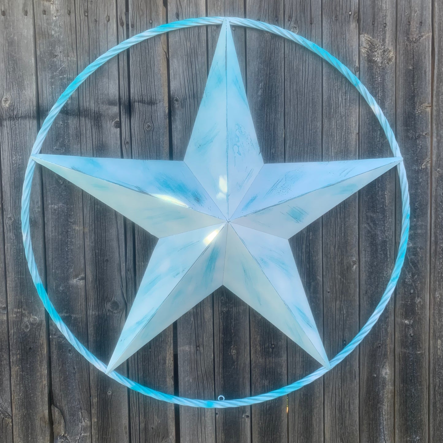 #EH11219 TURQUOISE WHITE DISTRESSED STAR TWO TONE TEXTURE BARN STAR METAL LONESTAR TWISTED ROPE RING WESTERN HOME DECOR HANDMADE NEW