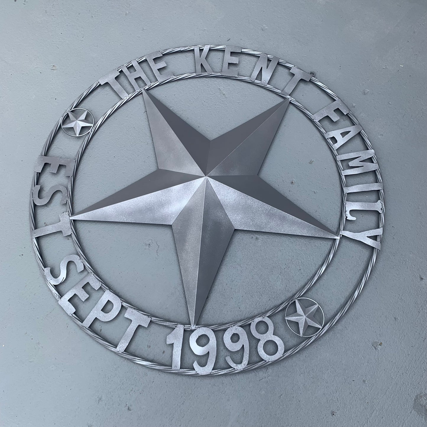KENT STYLE CUSTOM STAR NAME BARN METAL STAR 3d TWISTED ROPE RING WESTERN HOME DECOR RUSTIC GREY SILVER HANDMADE 24",32",36",50"