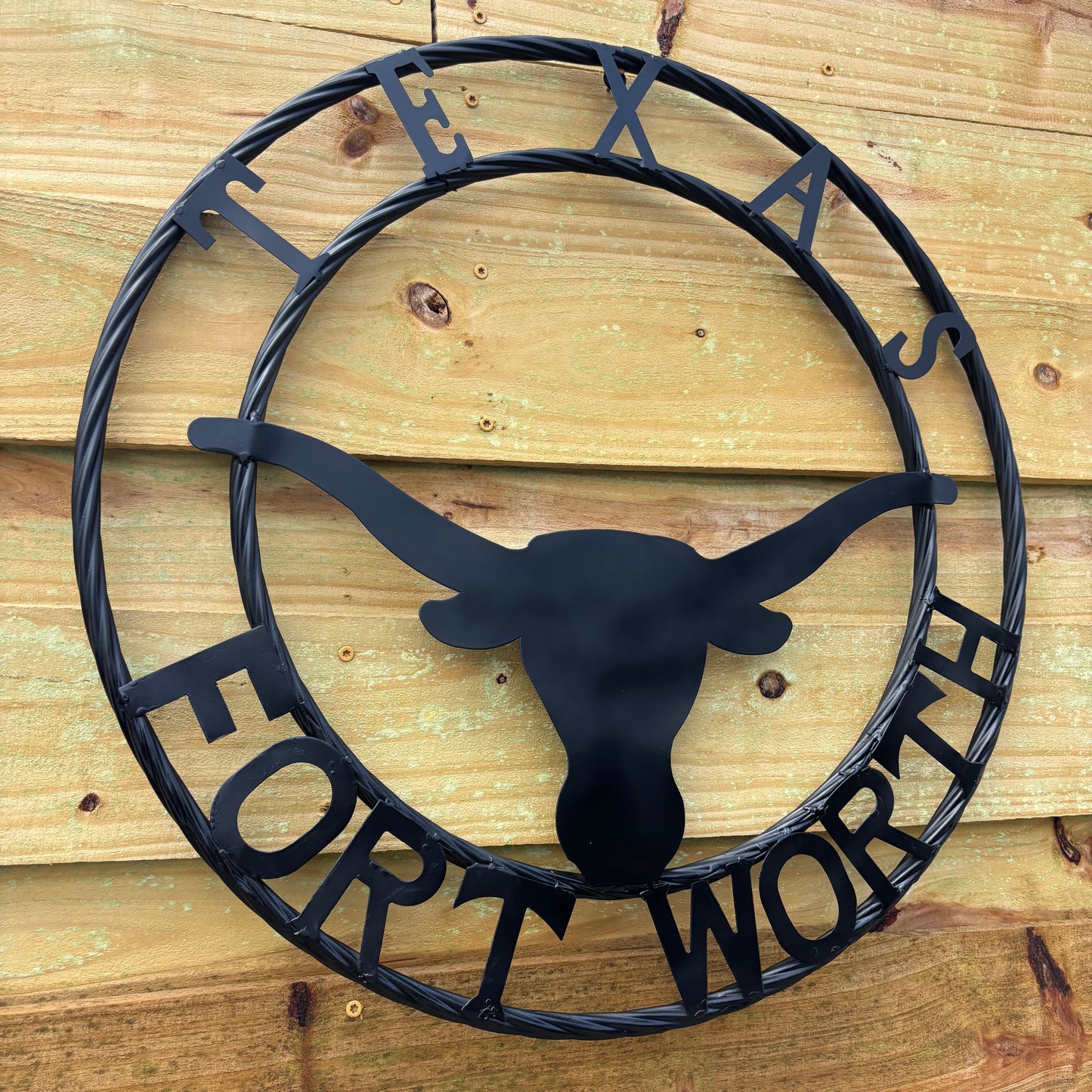 TEXAS FORT WORTH METAL SIGN LONGHORNS BLACK WESTERN HOME DECOR HANDMADE