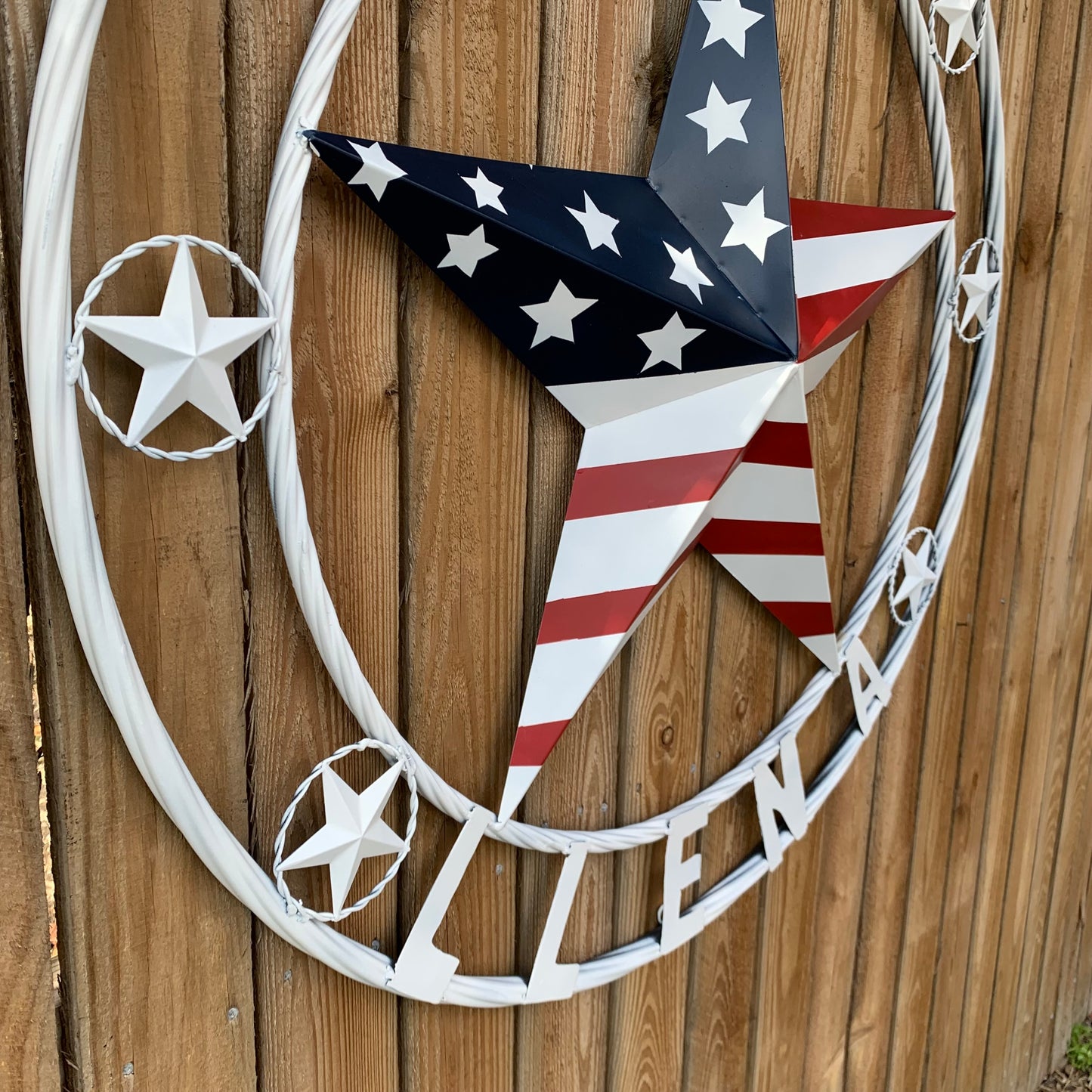 LUNA STYLE CUSTOM NAME BARN STAR METAL STAR 3d TWISTED ROPE RING WESTERN HOME DECOR USA FLAG STAR RED WHOTE & BLUE WITH WHITE RING HANDMADE 24",32",36",50"