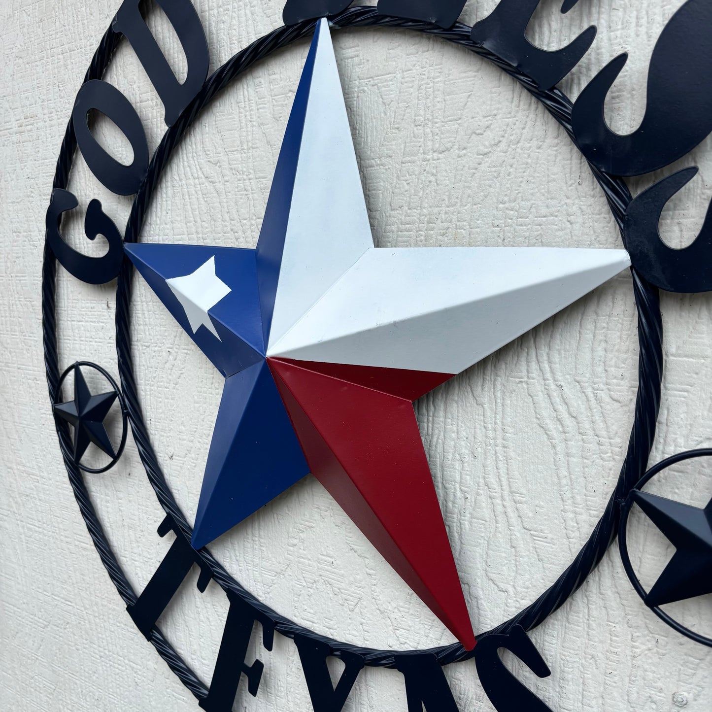 GOD BLESS TEXAS BARN STAR RED WHITE BLUE STAR WITH NAVY BLUE RING LONE STAR TWISTED ROPE RING WESTERN HOME DECOR HANDMADE