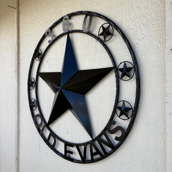 360 OLD EVANS STYLE CUSTOM STAR NAME BARN METAL STAR 3d TWISTED ROPE RING WESTERN HOME DECOR RUSTIC BLACK HANDMADE 24",32",36",50"