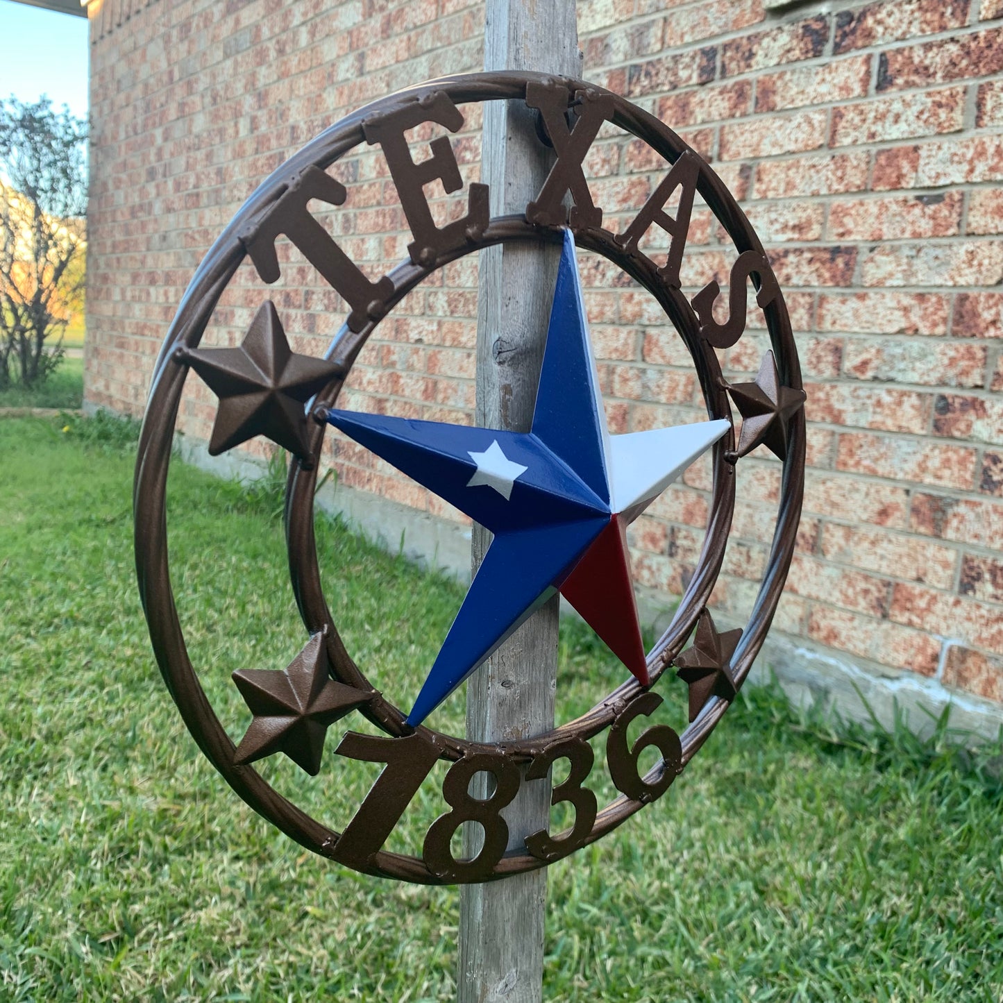 TEXAS FLAG STAR RED WHT BLUE STAR & BRONZE COPPER RING 1836 TEXAS METAL BARN LONE STAR WESTERN HOME DECOR HANDMADE NEW 12",18",24",32",36",50"