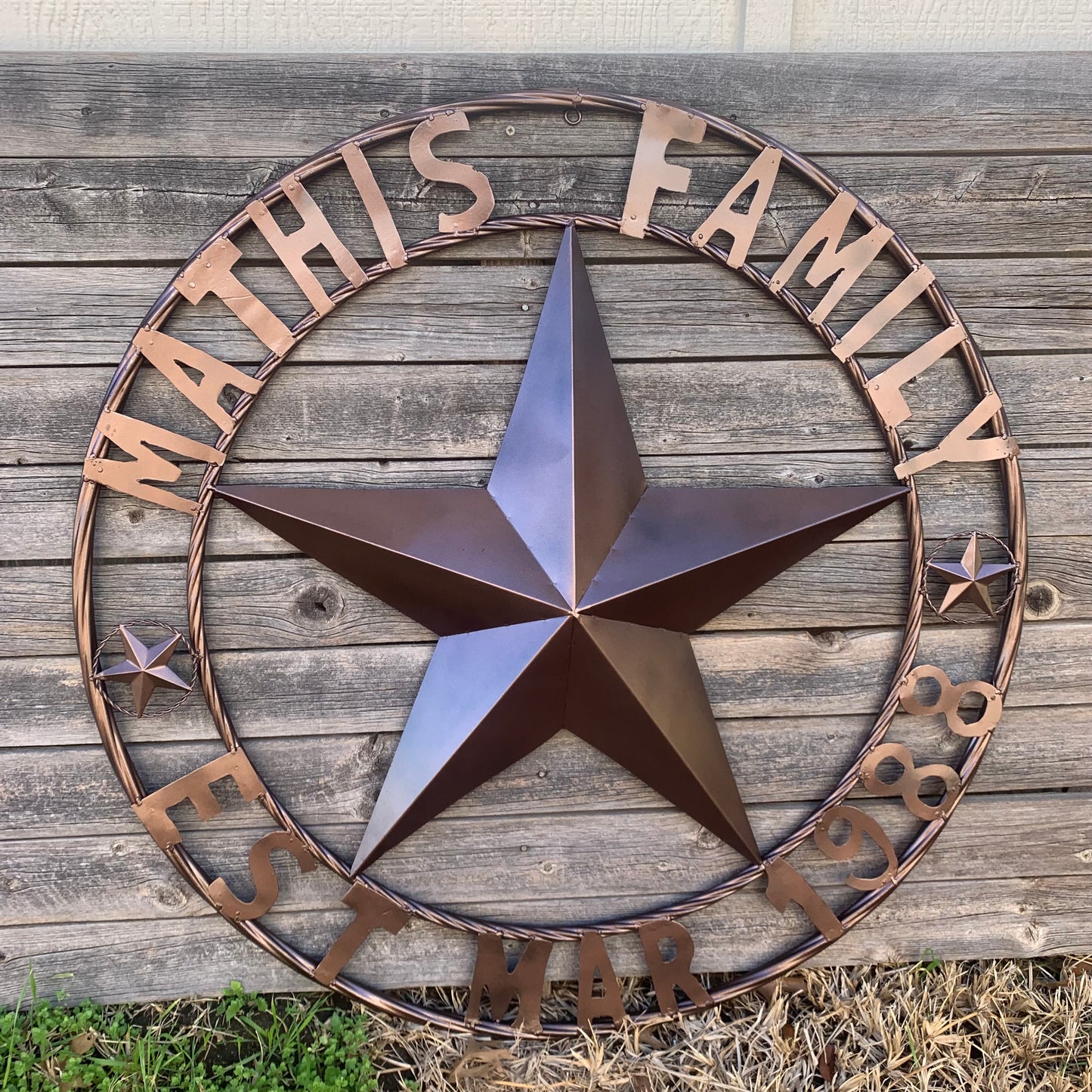 MATHIS STYLE CUSTOM NAME STAR BARN STAR 3d METAL LONESTAR TWISTED ROPE RING WESTERN HOME DECOR RUSTIC BRONZE COPPER HANDMADE 24",32",36",50"