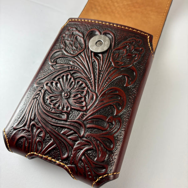 7" PLAIN FLORAL LEATHER HOLSTER BROWN STAR POUCH EXTRA LARGE  BELT LOOP CELL PHONE CASE UNIVERSAL OVERSIZE