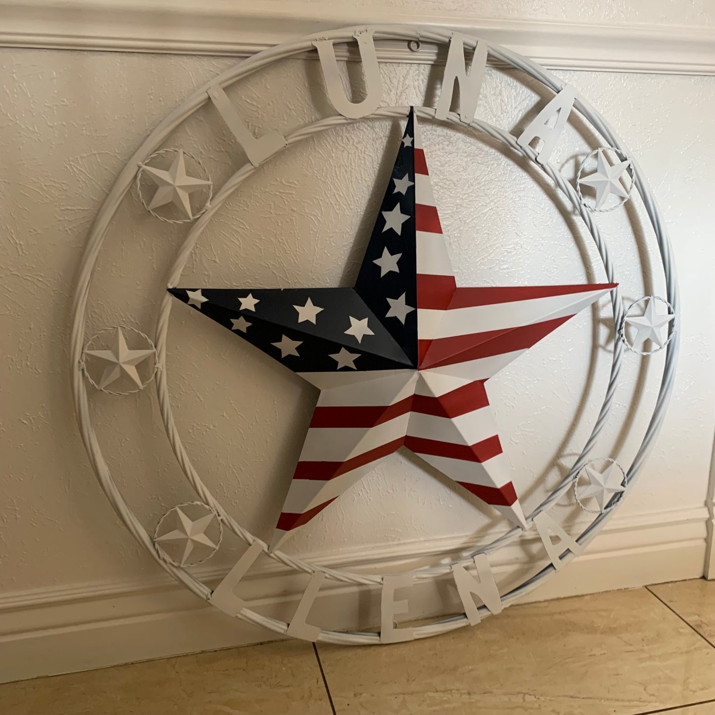 LUNA STYLE CUSTOM NAME BARN STAR METAL STAR 3d TWISTED ROPE RING WESTERN HOME DECOR USA FLAG STAR RED WHOTE & BLUE WITH WHITE RING HANDMADE 24",32",36",50"