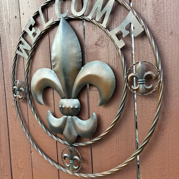 24" WELCOME FLEUR DE LIS METAL WALL ART WESTERN HOME DECOR BROWN NEW #EH11997