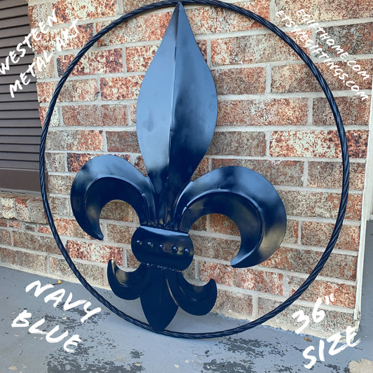 NAVY BLUE 24",36" FLEUR DE LIS METAL WALL ART SIGN WESTERN HOME DECOR HANDMADE NEW #EH10764