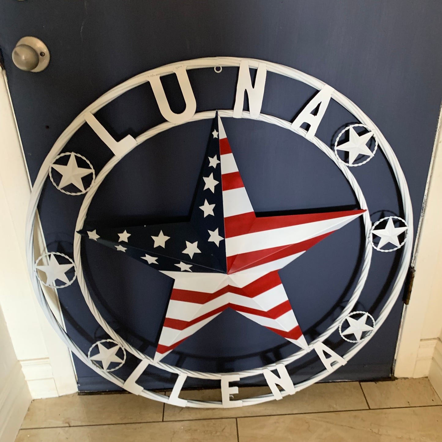 LUNA STYLE CUSTOM NAME BARN STAR METAL STAR 3d TWISTED ROPE RING WESTERN HOME DECOR USA FLAG STAR RED WHOTE & BLUE WITH WHITE RING HANDMADE 24",32",36",50"
