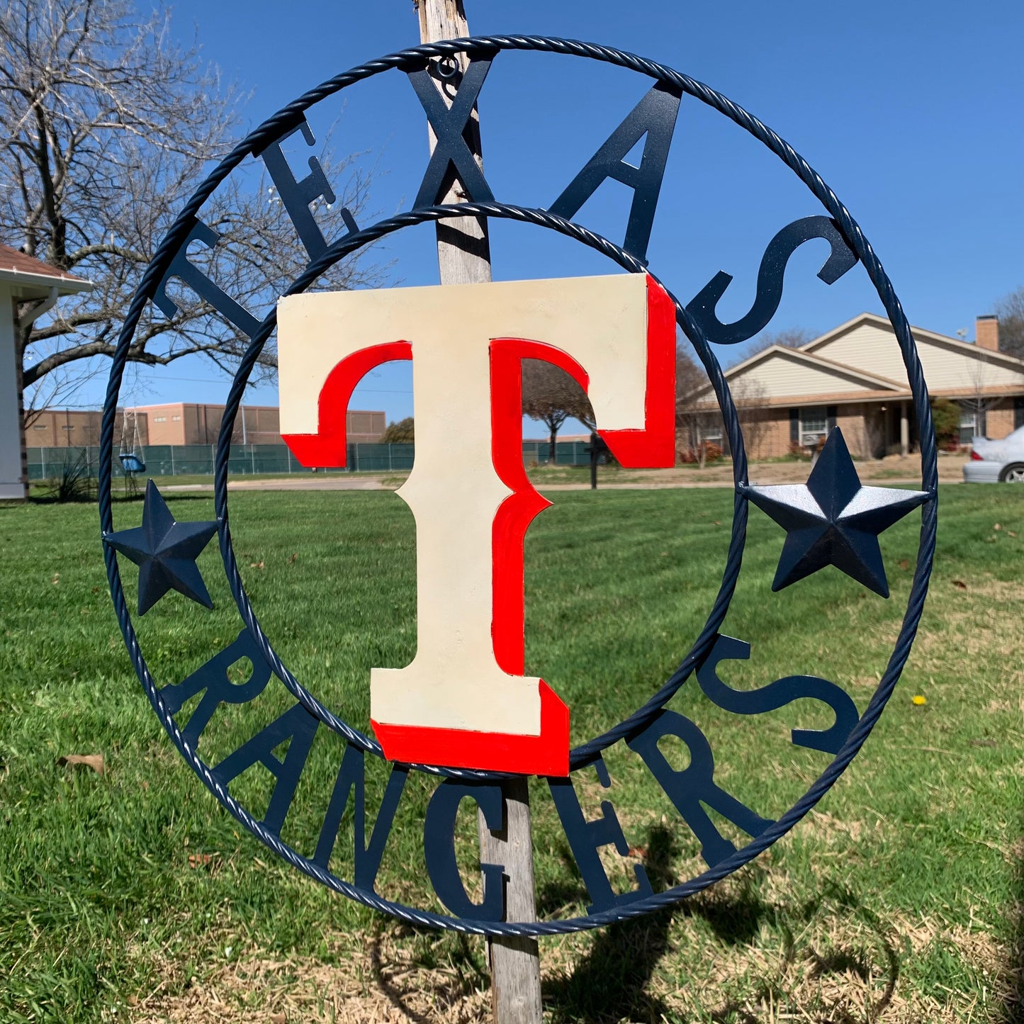 12", 18", 24", 32" TEXAS RANGERS BARN CUSTOM METAL VINTAGE CRAFT SIGN TEAM  WHITE & RED & NAVY BLUE RING & STAR HANDMADE