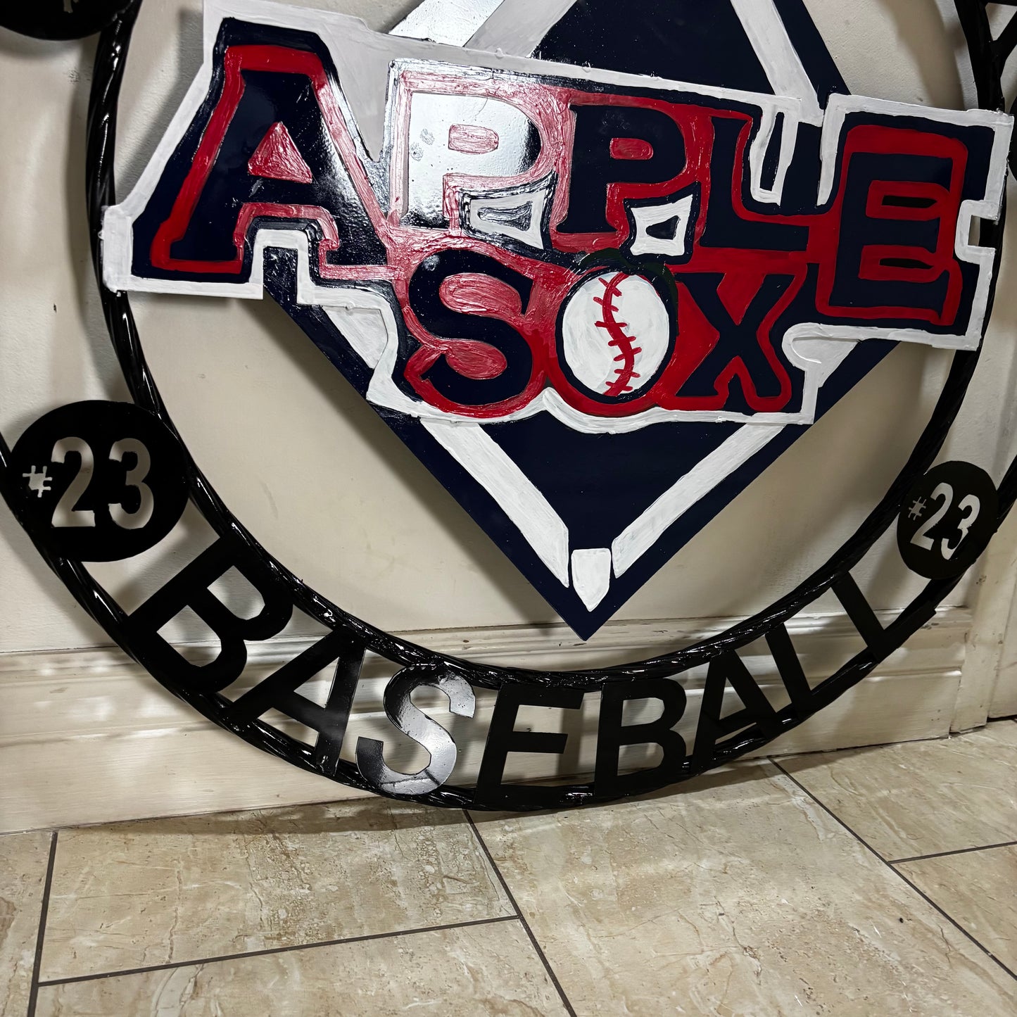 APPLE SOX BASEBALL CUSTOM METAL VINTAGE CRAFT SIGN TEAM NAVY BLUE WHITE RED HANDMADE