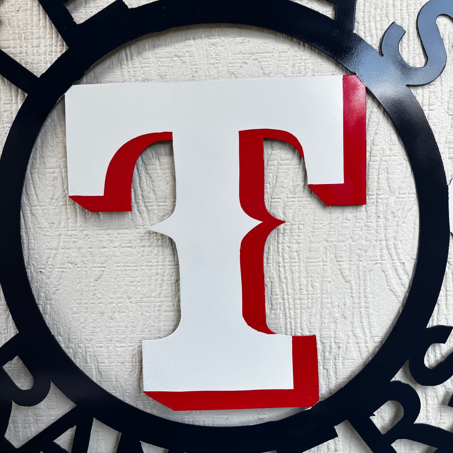 TEXAS RANGERS CUSTOM METAL VINTAGE CRAFT TEAM SIGN WHITE & RED & NAVY BLUE RING HANDMADE