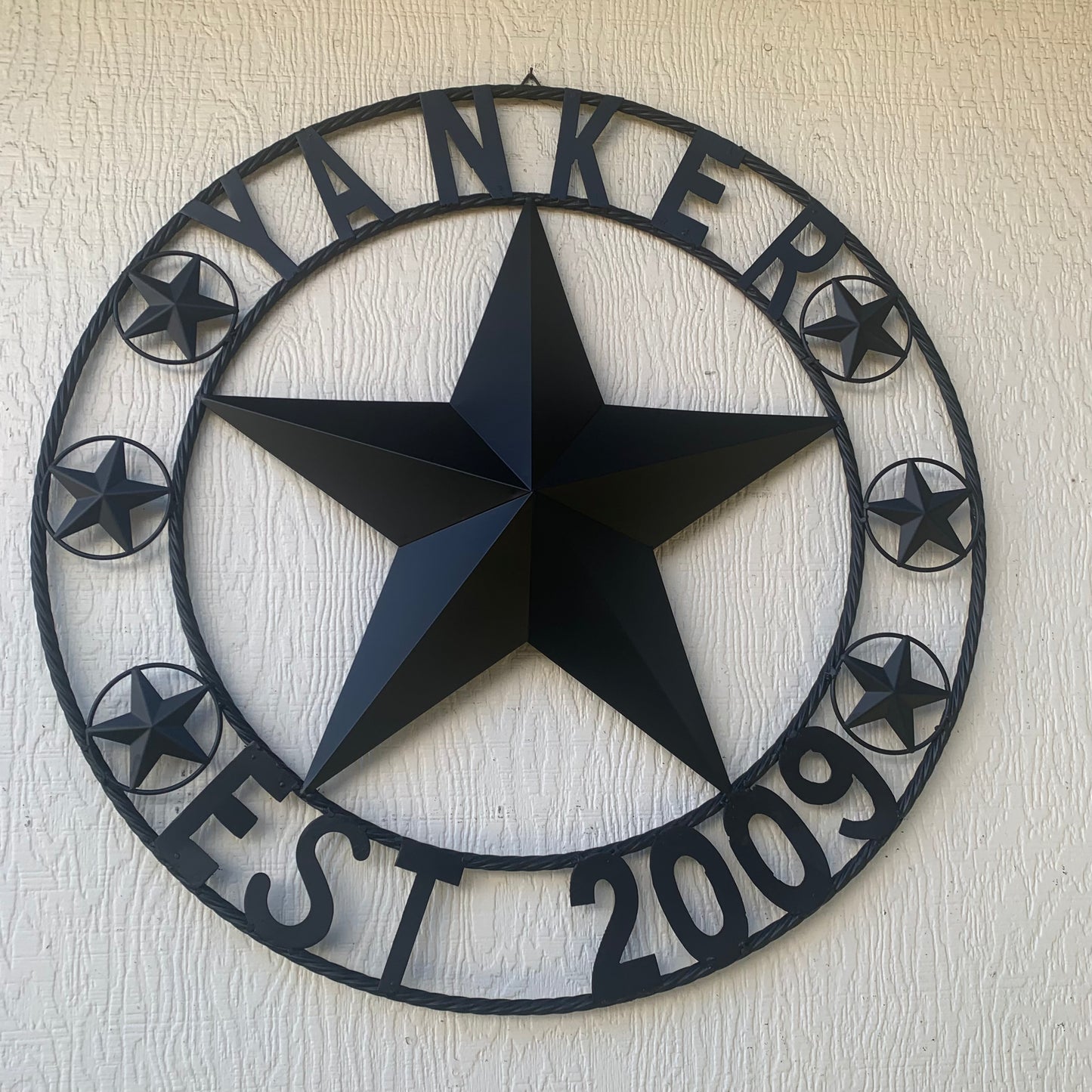 YANKER STYLE CUSTOM NAME STAR BARN METAL STAR 3d TWISTED ROPE RING WESTERN HOME DECOR RUSTIC BLACK HANDMADE 24",32",36",50"