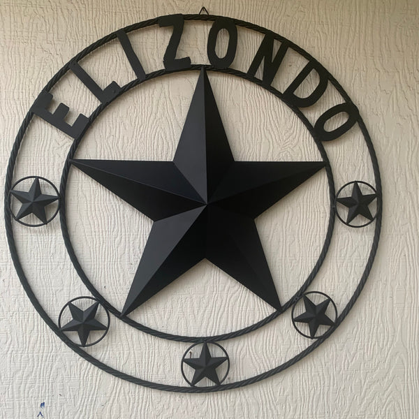 ELIZONDO STYLE CUSTOM NAME STAR BARN METAL STAR 3d TWISTED ROPE RING WESTERN HOME DECOR RUSTIC BLACK HANDMADE 24",32",36",50"