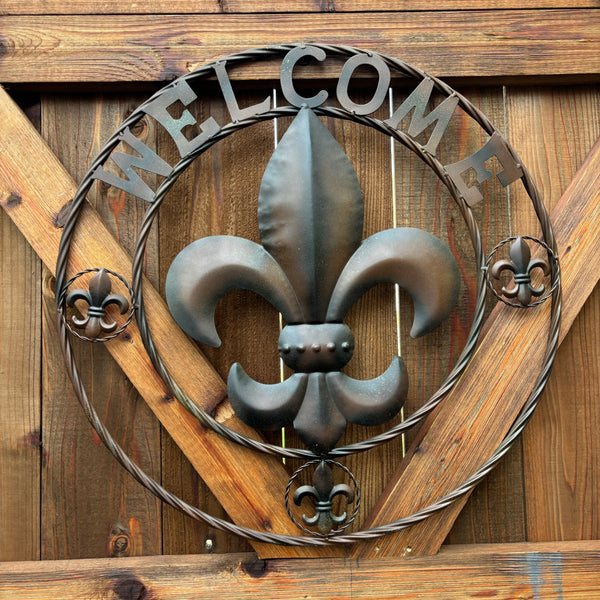 24" WELCOME FLEUR DE LIS METAL WALL ART WESTERN HOME DECOR BROWN NEW #EH11997