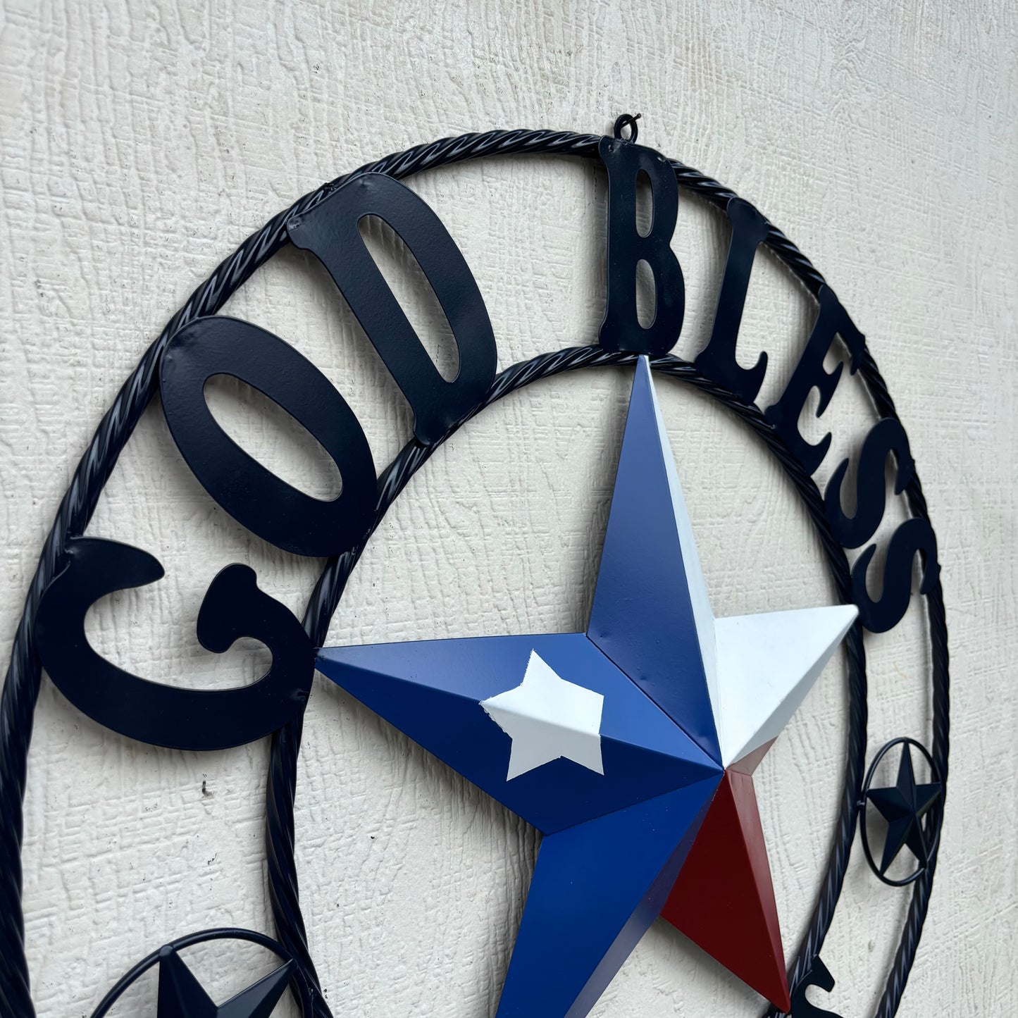 GOD BLESS TEXAS BARN STAR RED WHITE BLUE STAR WITH NAVY BLUE RING LONE STAR TWISTED ROPE RING WESTERN HOME DECOR HANDMADE