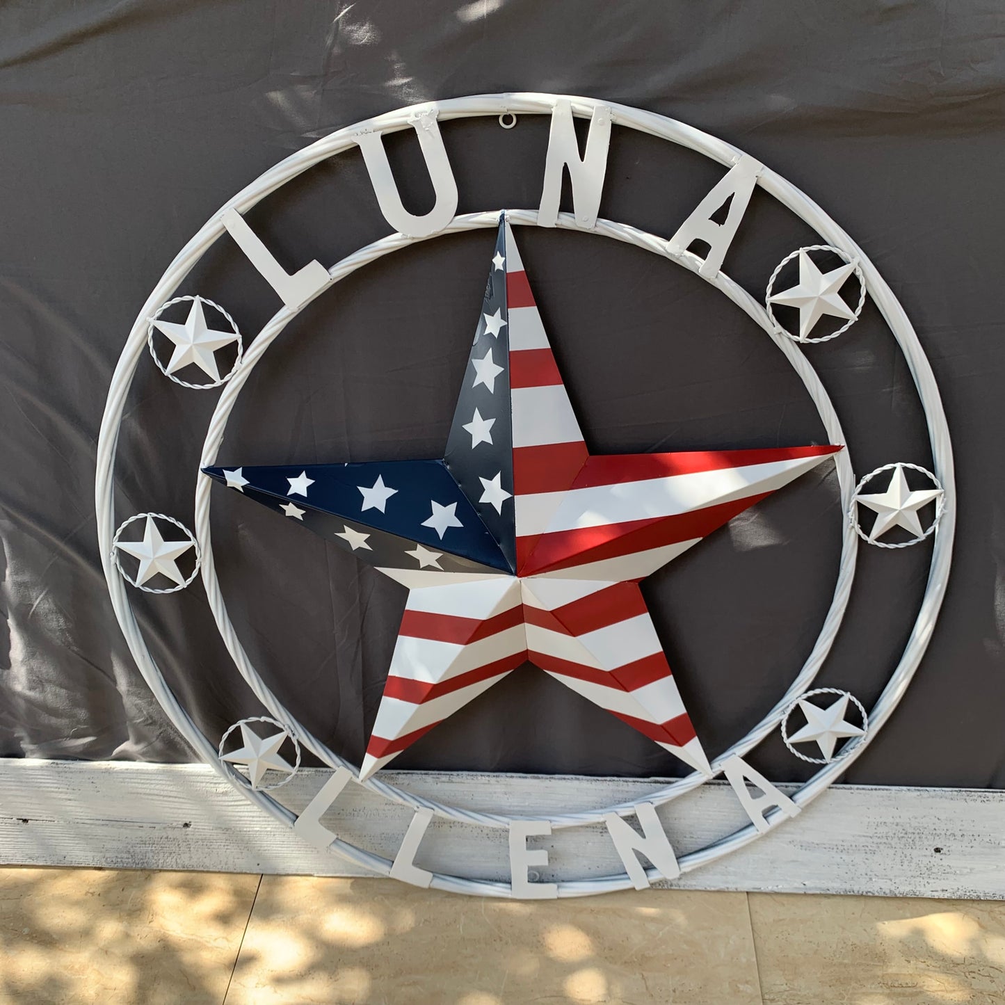 LUNA STYLE CUSTOM NAME BARN STAR METAL STAR 3d TWISTED ROPE RING WESTERN HOME DECOR USA FLAG STAR RED WHOTE & BLUE WITH WHITE RING HANDMADE 24",32",36",50"