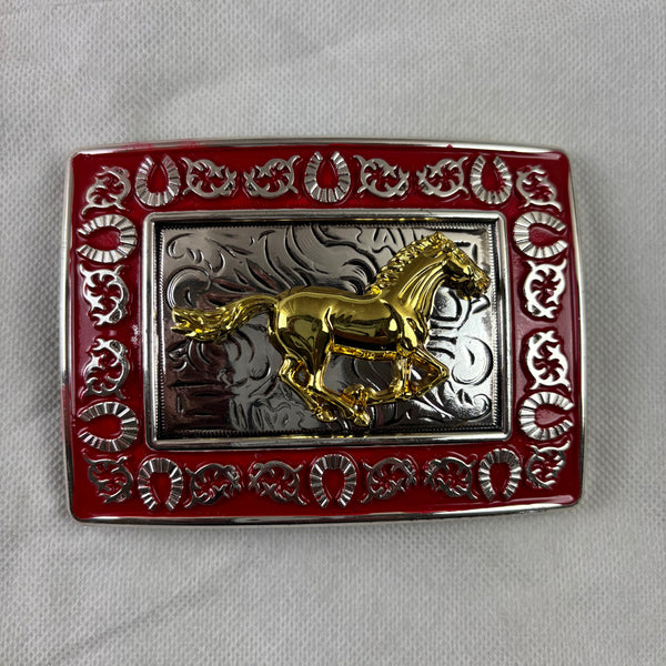 HORSE BELT BUCKLE GOLD SILVER & RED OUTLINE WESTERN METAL BUCKLE FASHION ART 4.5" X 3.5"  #EH12265