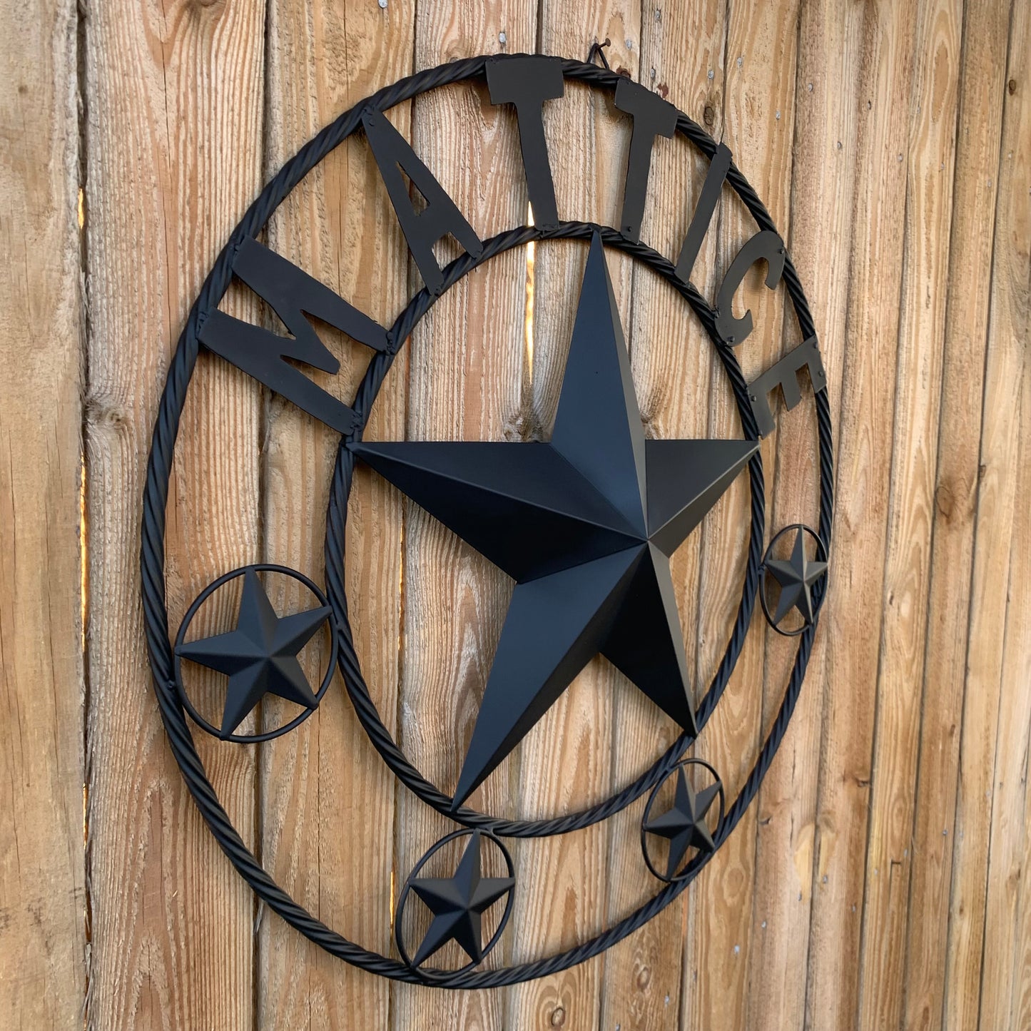 MATTICE STYLE BLACK STAR YOUR CUSTOM NAME BARN METAL STAR 3d TWISTED ROPE RING WESTERN HOME DECOR HANDMADE 24",32",36",50"