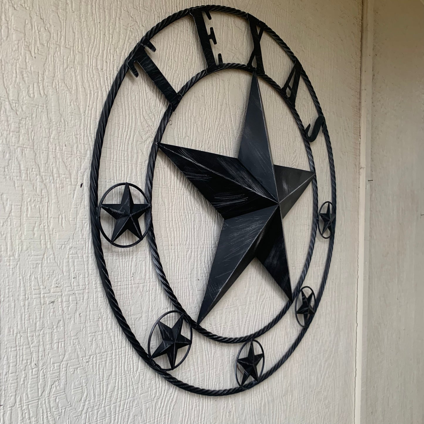TEXAS BLACK DISTRESSED STAR TWO TONE TEXTURE BARN STAR METAL LONESTAR TWISTED ROPE RING WESTERN HOME DECOR HANDMADE NEW
