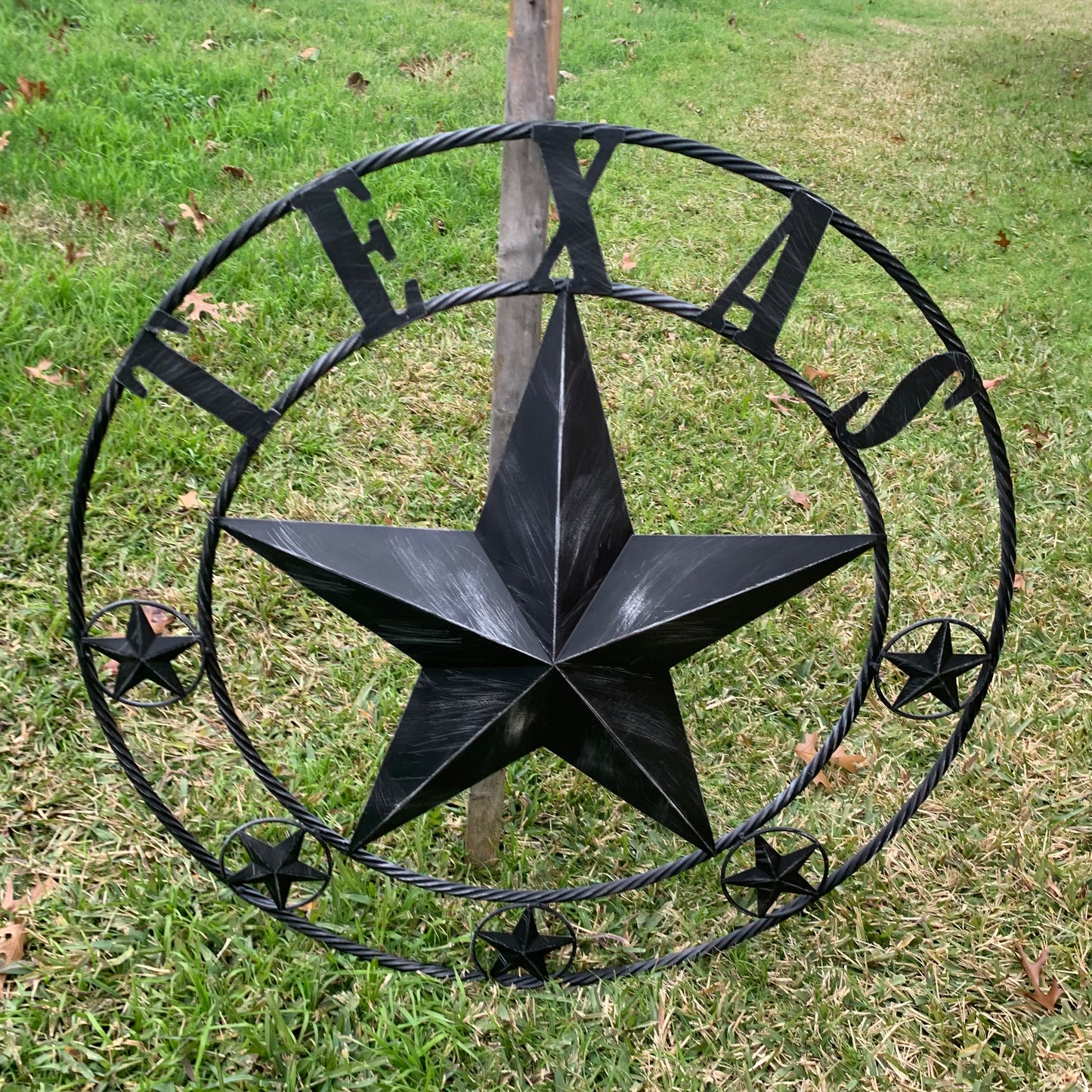 TEXAS BLACK DISTRESSED STAR TWO TONE TEXTURE BARN STAR METAL LONESTAR TWISTED ROPE RING WESTERN HOME DECOR HANDMADE NEW