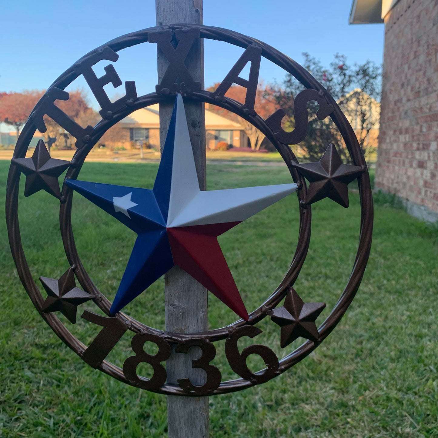TEXAS FLAG STAR RED WHT BLUE STAR & BRONZE COPPER RING 1836 TEXAS METAL BARN LONE STAR WESTERN HOME DECOR HANDMADE NEW 12",18",24",32",36",50"