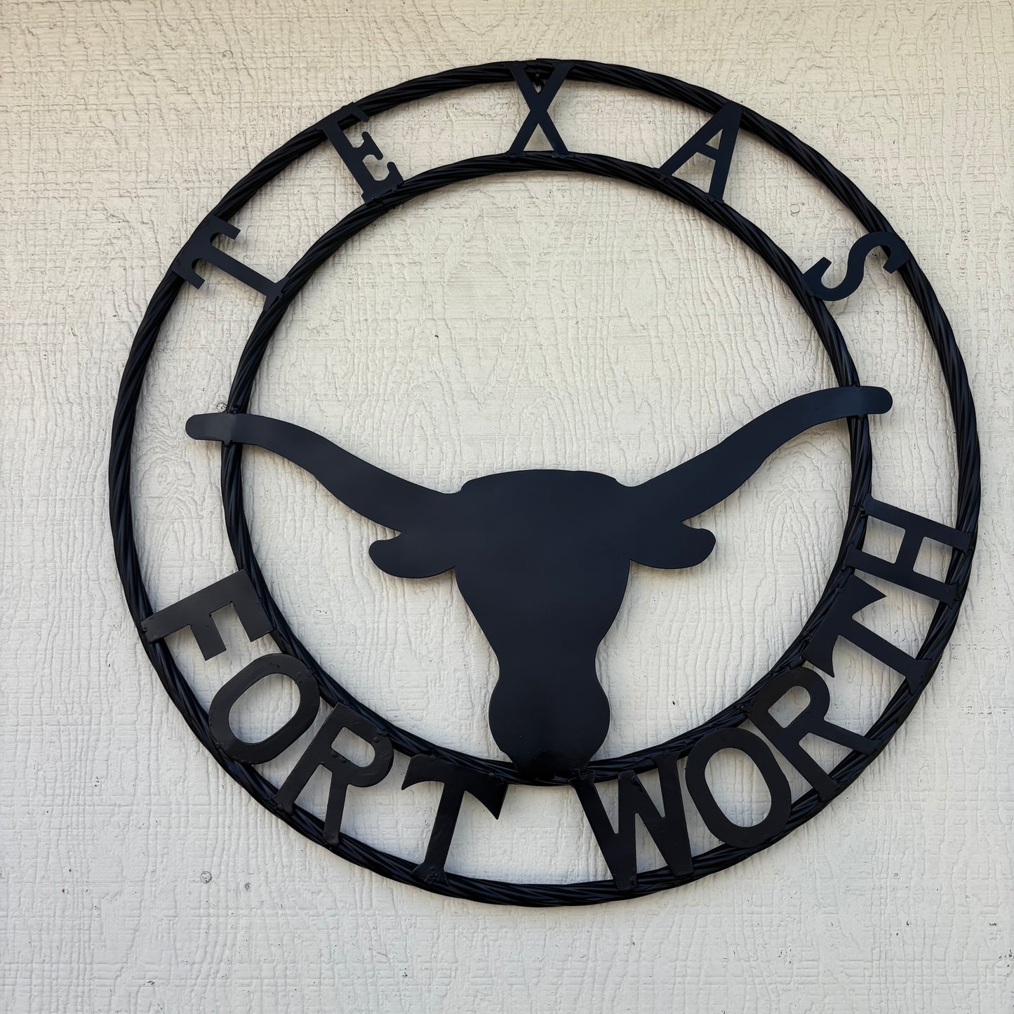 TEXAS FORT WORTH METAL SIGN LONGHORNS BLACK WESTERN HOME DECOR HANDMADE