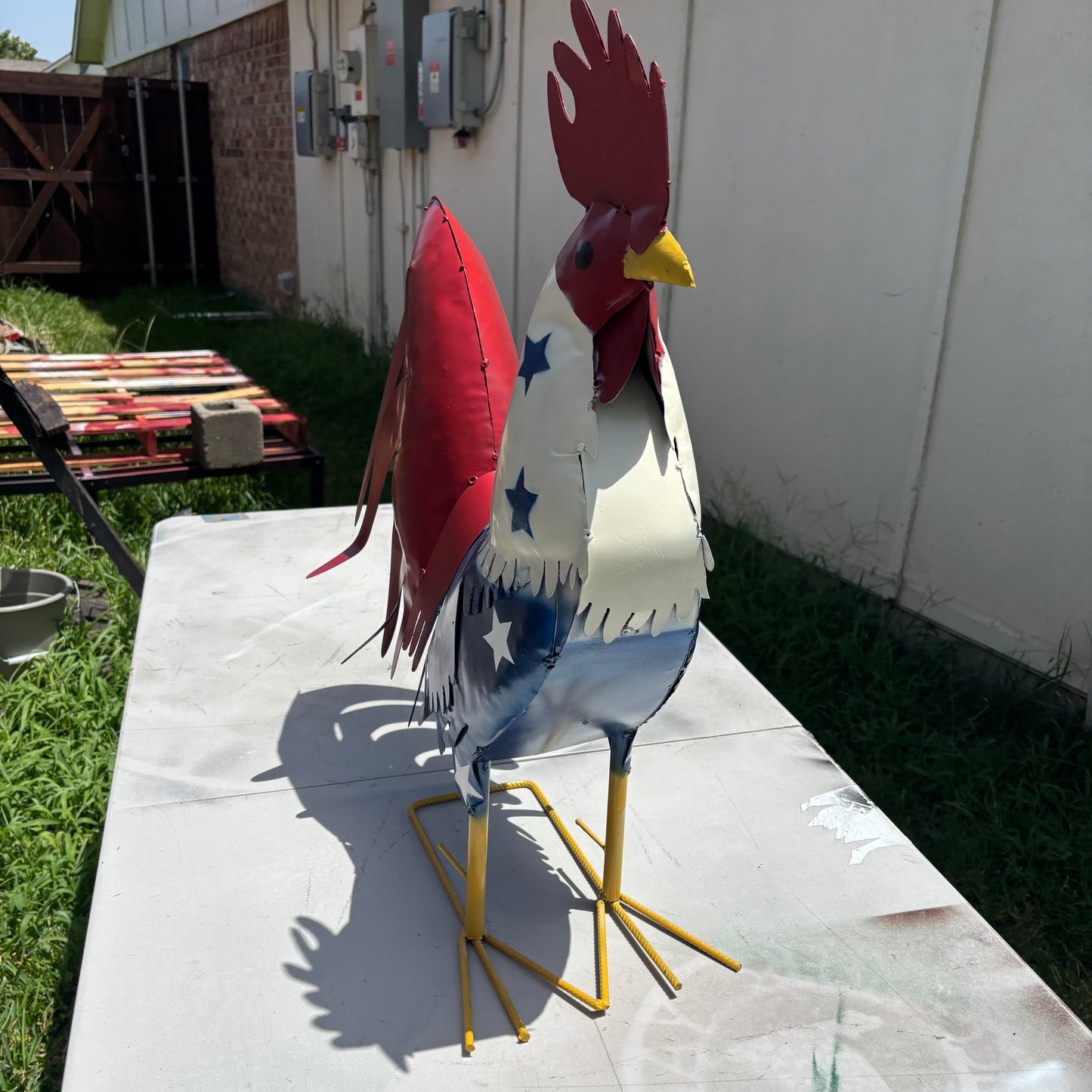 USA FLAG ROOSTER AMERICAN RED WHITE BLUE PATRIOTIC GARDEN METAL SCULPTURE WESTERN HOME DECOR ORNAMENT HANDMADE #34-003