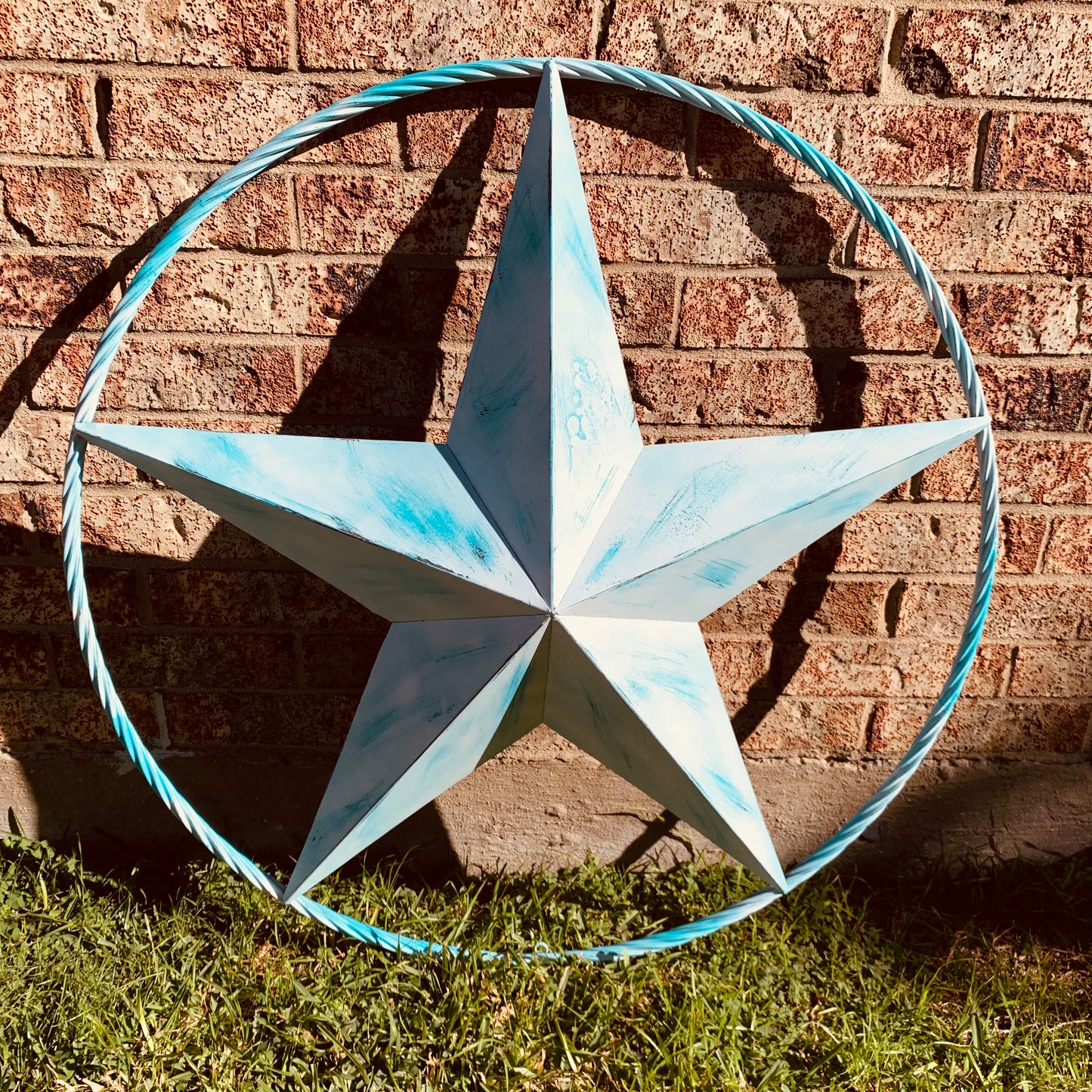 #EH11219 TURQUOISE WHITE DISTRESSED STAR TWO TONE TEXTURE BARN STAR METAL LONESTAR TWISTED ROPE RING WESTERN HOME DECOR HANDMADE NEW