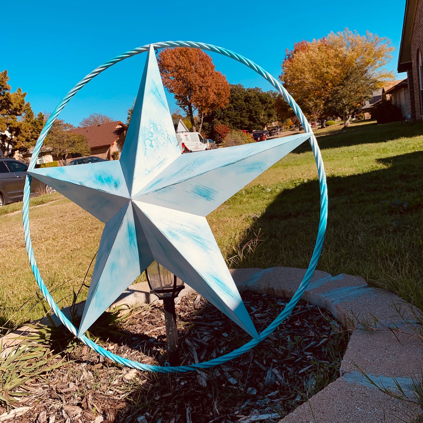 #EH11219 TURQUOISE WHITE DISTRESSED STAR TWO TONE TEXTURE BARN STAR METAL LONESTAR TWISTED ROPE RING WESTERN HOME DECOR HANDMADE NEW