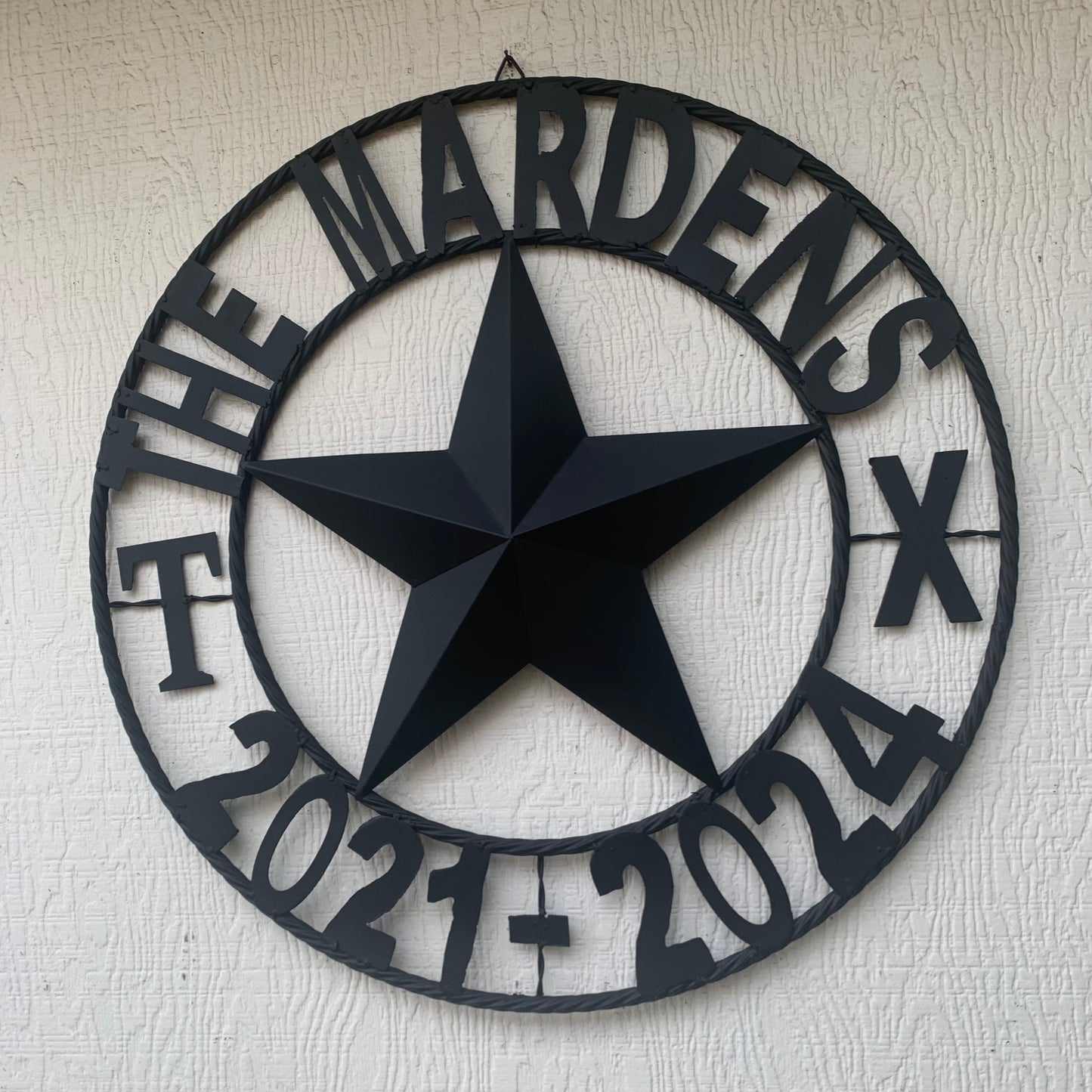 MARDENS STYLE CUSTOM NAME STAR BARN METAL STAR 3d TWISTED ROPE RING WESTERN HOME DECOR RUSTIC BLACK HANDMADE 24",32",36",50"